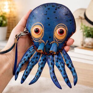 Octopus Squid Cute Coastal Wristlet Leather Coin Pouch Unique Ocean Gift Ideas